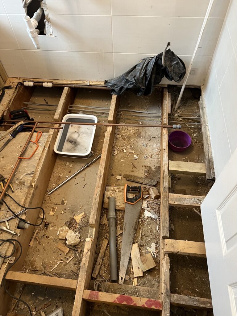 Sub flooring removed, repair water damage and pipes for new radiator